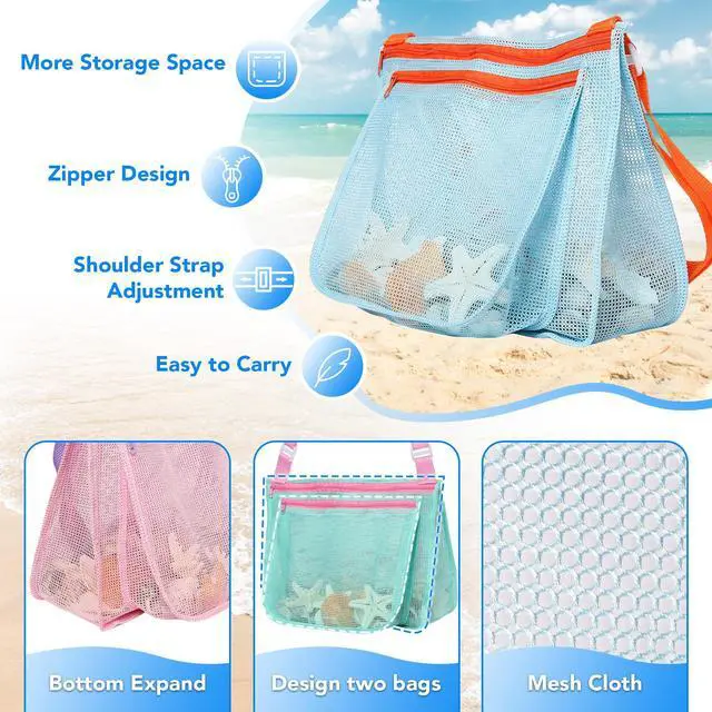 Alt view image 5 of 7 - 3 Pcs Seashell Collecting Bag for Kids,Beach Mesh Bag with Adjustable Shoulder Straps,Beach Toys Swimming Accessories for Boys and Girls
