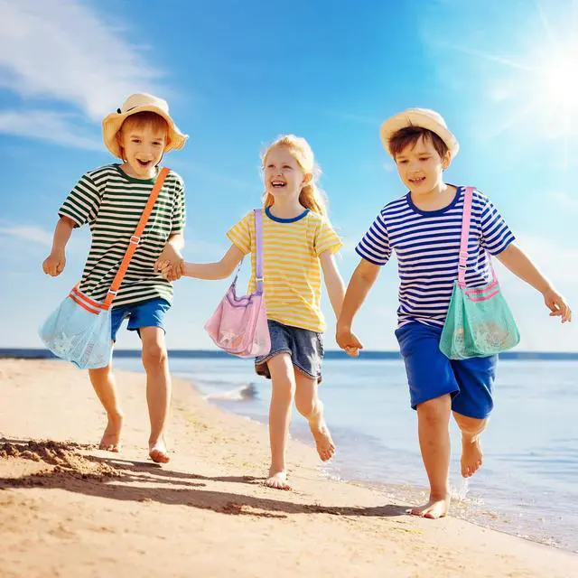Alt view image 6 of 7 - 3 Pcs Seashell Collecting Bag for Kids,Beach Mesh Bag with Adjustable Shoulder Straps,Beach Toys Swimming Accessories for Boys and Girls
