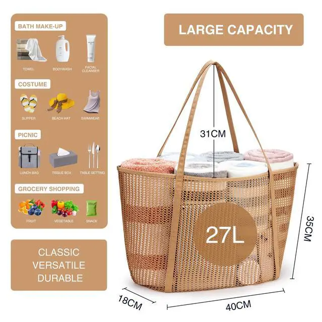 Alt view image 4 of 7 - Upgrade Version Beach Mesh Tote Bag MAX 27L Large capacity,Shoulder Bag Nylon Hobo Women Casual Foldable FOR Beach Picnic Grocery Bag Khaki