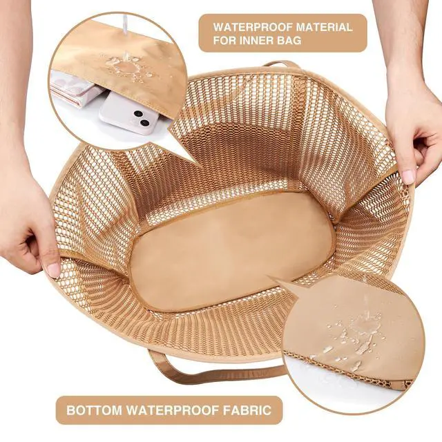 Alt view image 6 of 7 - Upgrade Version Beach Mesh Tote Bag MAX 27L Large capacity,Shoulder Bag Nylon Hobo Women Casual Foldable FOR Beach Picnic Grocery Bag Khaki