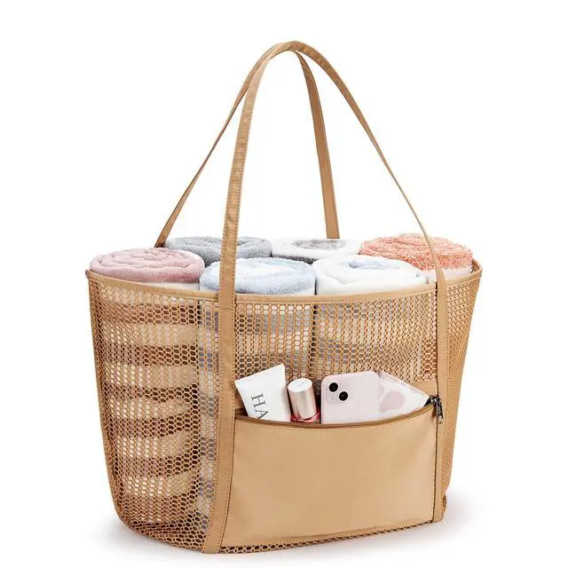 Alt view image 7 of 7 - Upgrade Version Beach Mesh Tote Bag MAX 27L Large capacity,Shoulder Bag Nylon Hobo Women Casual Foldable FOR Beach Picnic Grocery Bag Khaki