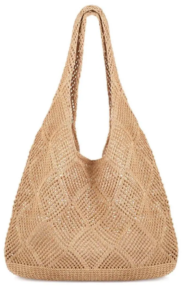 Main image of Beach Tote bag Crochet Summer Beach Bag for Women Aesthetic Mesh Tote Bag Hippie Bag Knit Bag (A-khaki, Medium)