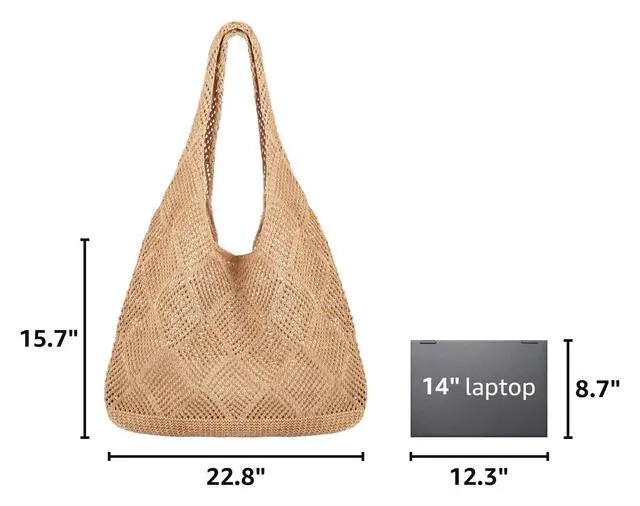 Alt view image 3 of 7 - Beach Tote bag Crochet Summer Beach Bag for Women Aesthetic Mesh Tote Bag Hippie Bag Knit Bag (A-khaki, Medium)