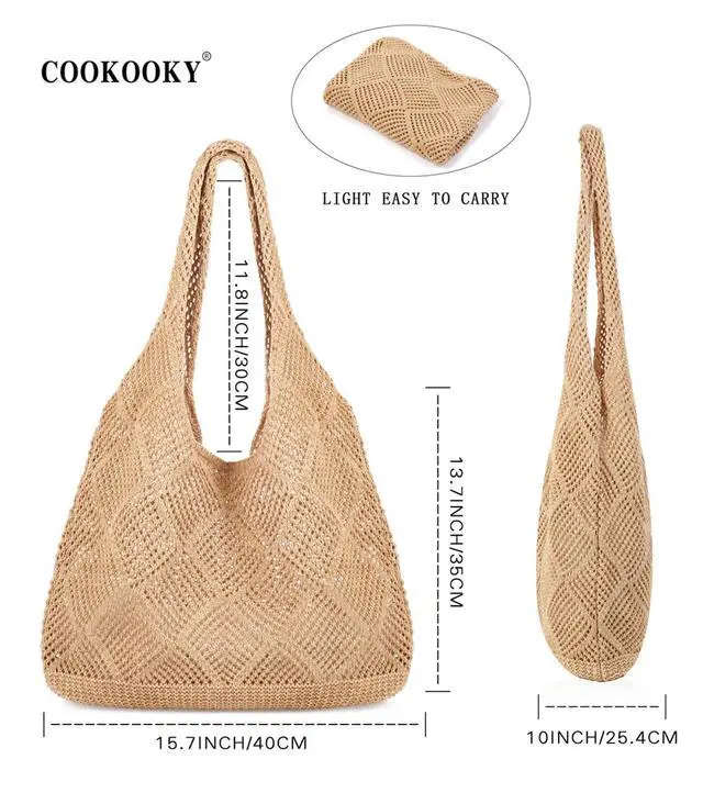 Alt view image 5 of 7 - Beach Tote bag Crochet Summer Beach Bag for Women Aesthetic Mesh Tote Bag Hippie Bag Knit Bag (A-khaki, Medium)