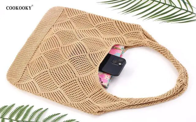 Alt view image 7 of 7 - Beach Tote bag Crochet Summer Beach Bag for Women Aesthetic Mesh Tote Bag Hippie Bag Knit Bag (A-khaki, Medium)