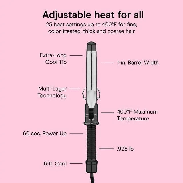 Alt view image 4 of 7 - Curling Iron, Fine to Thick Hair, 1-in. Barrel, Black/Silver | Hair curler with multi-layer technology for tight curls and loose waves, 25 heat settings up to 400°F, and 60-second heat-up