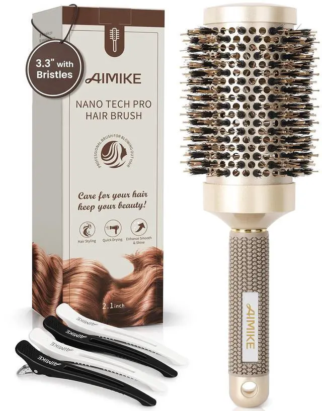 Main image of Round Hair Brush, Nano Thermal Ceramic & Ionic Tech, 2.1 Inch Barrel with Boar Bristles for Enhanced Texture, Golden, Hair Drying, Styling, Curling and Shine + 4 Free Clips