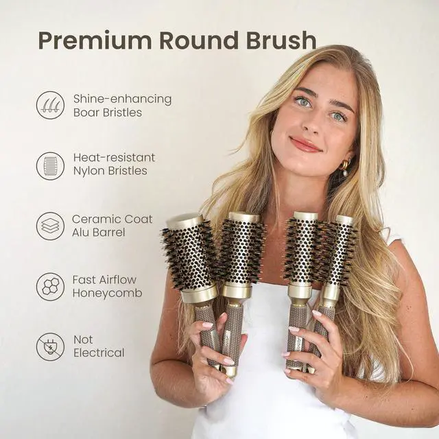 Alt view image 4 of 7 - Round Hair Brush, Nano Thermal Ceramic & Ionic Tech, 2.1 Inch Barrel with Boar Bristles for Enhanced Texture, Golden, Hair Drying, Styling, Curling and Shine + 4 Free Clips