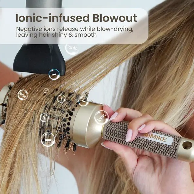 Alt view image 6 of 7 - Round Hair Brush, Nano Thermal Ceramic & Ionic Tech, 2.1 Inch Barrel with Boar Bristles for Enhanced Texture, Golden, Hair Drying, Styling, Curling and Shine + 4 Free Clips