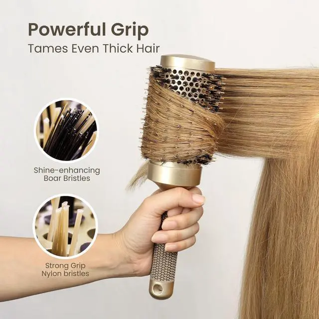 Alt view image 5 of 7 - Round Hair Brush, Nano Thermal Ceramic & Ionic Tech, 2.1 Inch Barrel with Boar Bristles for Enhanced Texture, Golden, Hair Drying, Styling, Curling and Shine + 4 Free Clips