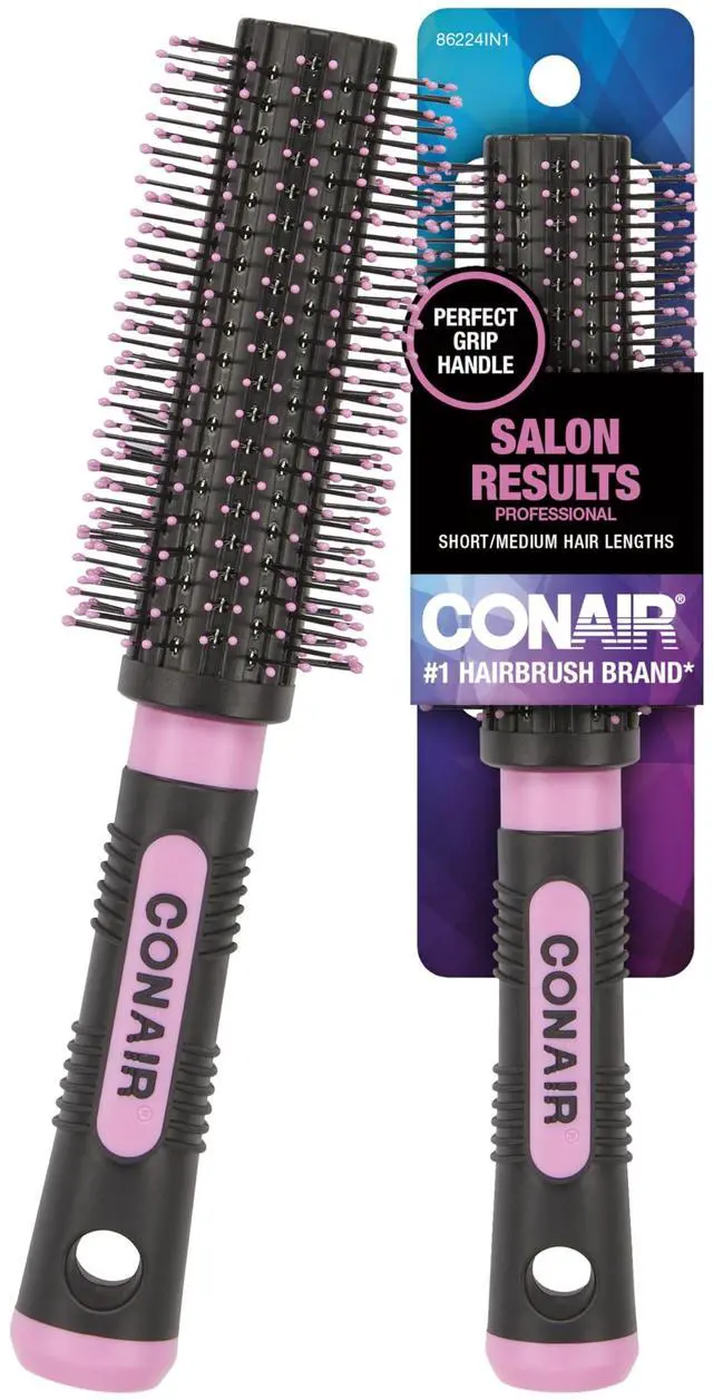 Main image of Salon Results Round Hairbrush - Hair brush for blow out - blowdryer brush - features nylon bristles - Adds body and fullness - suitable on all lengths - Pink/Black