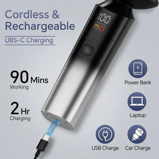 Alt view image 6 of 7 - Electric Razor for Men, Rechargeable Electric Shaver for Men, Waterproof 3D Rotary Shaving, Wet/Dry Cordless 3-in-1 with Beard Trimmer, Sideburn & Nose Hair Groomer