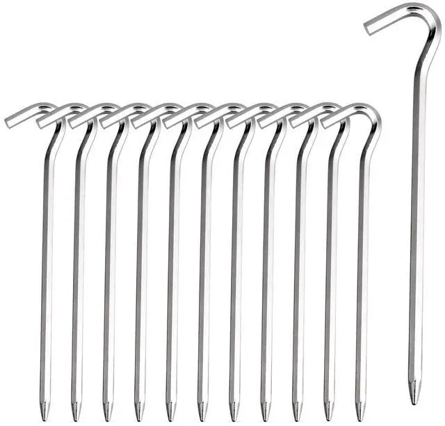 Main image of Tent Pegs - 12Pcs Aluminium Tent Stakes Pegs with Hook - 7" Hexagon Rod Stakes Nail Spike Garden Stakes Camping Pegs for Pitching Camping Tent, Canopies (Silver)