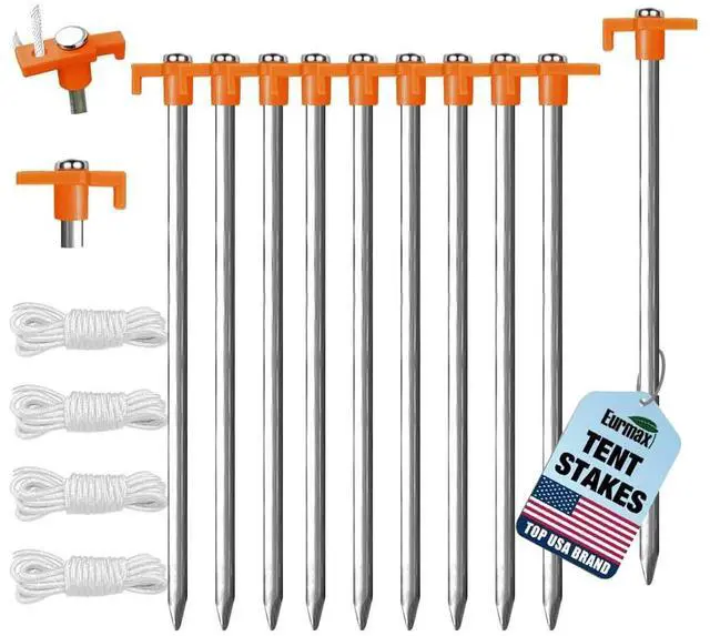 Main image of USA 10-Pack Secure Protection Galvanized Tent Stakes,Rust-Proof Steel Canopy Anchors for High Winds,Heavy Duty Commercial Ground Pegs for Camping,Pop Up Tents&Gazebos - Includes 4x10ft Ropes