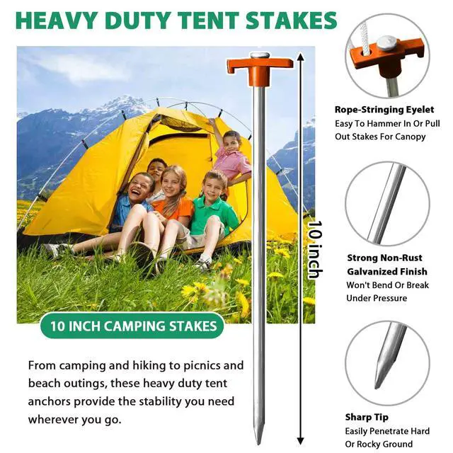 Alt view image 4 of 7 - USA 10-Pack Secure Protection Galvanized Tent Stakes,Rust-Proof Steel Canopy Anchors for High Winds,Heavy Duty Commercial Ground Pegs for Camping,Pop Up Tents&Gazebos - Includes 4x10ft Ropes