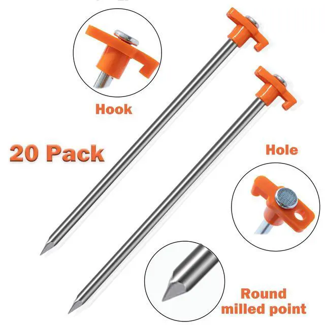 Alt view image 3 of 6 - 20 Pack Tent Stakes Heavy Duty, 9.75 Inch Yard Stakes Non-Rust Metal Tent Pegs Ground Stakes Tent Spikes for Camping Patio, Garden, Canopies, Grassland, Outdoor, Orange