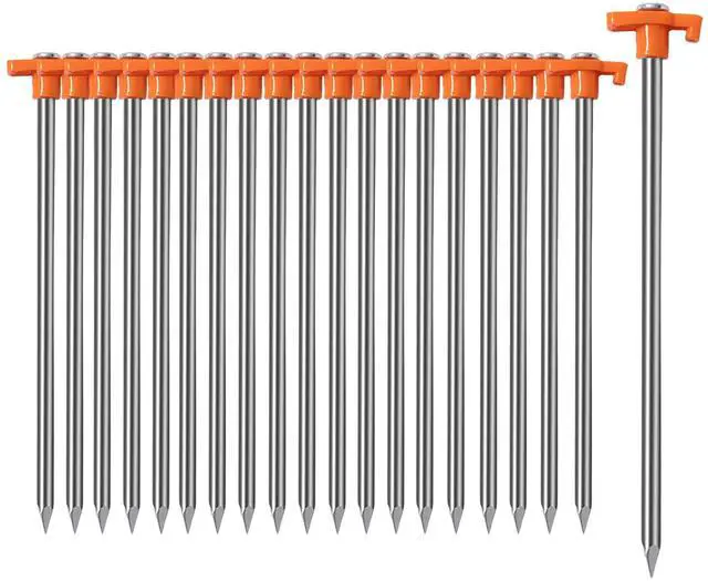 Main image of 20 Pack Tent Stakes Heavy Duty, 9.75 Inch Yard Stakes Non-Rust Metal Tent Pegs Ground Stakes Tent Spikes for Camping Patio, Garden, Canopies, Grassland, Outdoor, Orange