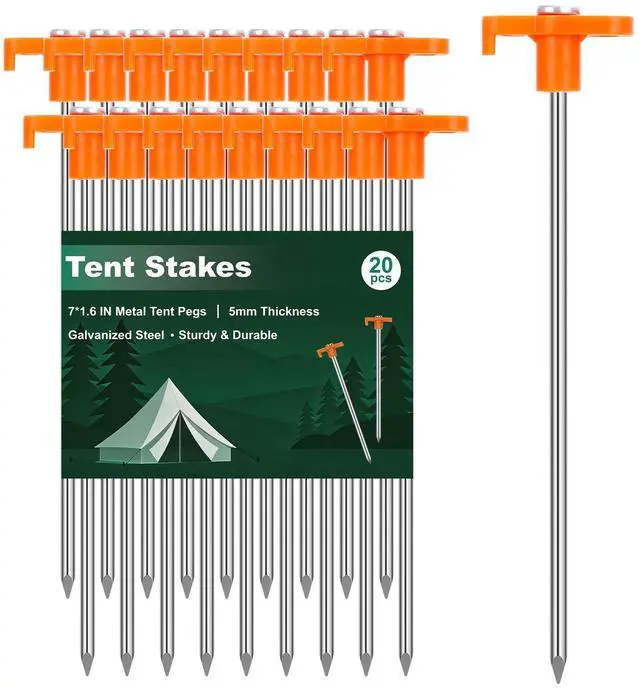 Main image of Heavy Duty Tent Stakes 7 Inch, 20 Pack Galvanized Steel Camping Pegs, Ground Anchors for Tents, Canopy and Tarp, Rust Resistant Metal Stakes with High Visibility Orange Heads for Outdoor