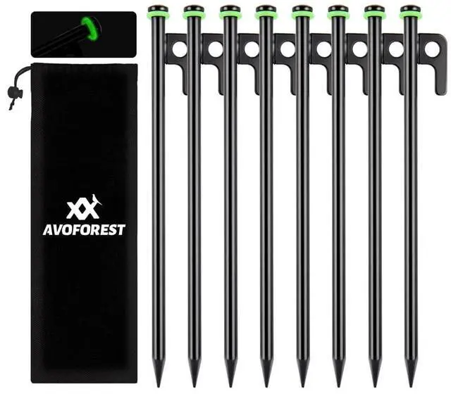 Main image of 8Inch Heavy Duty Tent Stakes,8 PCS Tent Pegs Metal+Fluorescent Silicone Rings+ Storage Bag for Camping