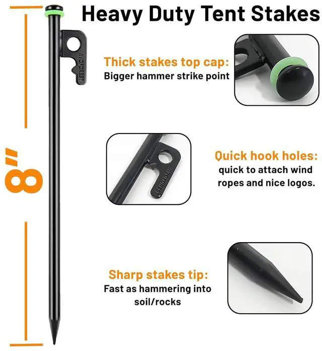 Alt view image 3 of 7 - 8Inch Heavy Duty Tent Stakes,8 PCS Tent Pegs Metal+Fluorescent Silicone Rings+ Storage Bag for Camping