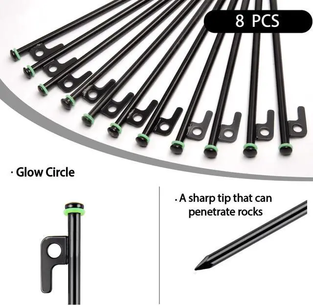 Alt view image 5 of 7 - 8Inch Heavy Duty Tent Stakes,8 PCS Tent Pegs Metal+Fluorescent Silicone Rings+ Storage Bag for Camping