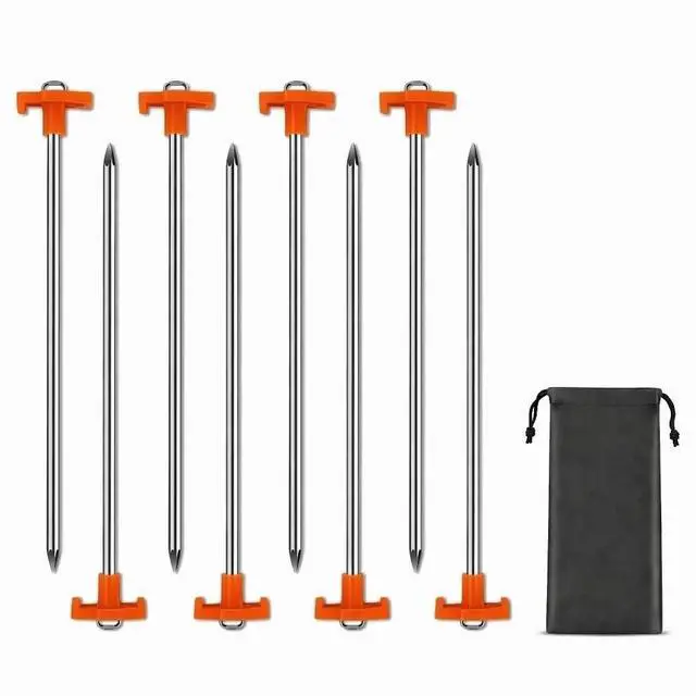 Main image of 8 Pieces Galvanized Steel Heavy Duty Camping Stakes, Tent Stakes, 20cm x 5cm Metal Ground Pegs, Outdoor Garden Tarp Canopy Sand Beach Anchors, Yard Accessories, High Visibility Orange Tops