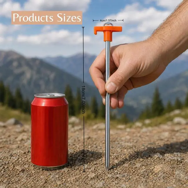 Alt view image 2 of 7 - 8 Pieces Galvanized Steel Heavy Duty Camping Stakes, Tent Stakes, 20cm x 5cm Metal Ground Pegs, Outdoor Garden Tarp Canopy Sand Beach Anchors, Yard Accessories, High Visibility Orange Tops