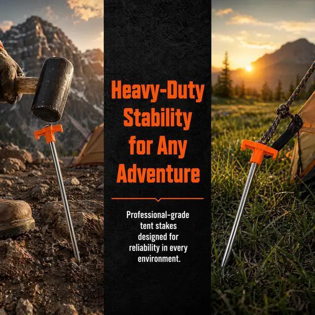 Alt view image 3 of 7 - 8 Pieces Galvanized Steel Heavy Duty Camping Stakes, Tent Stakes, 20cm x 5cm Metal Ground Pegs, Outdoor Garden Tarp Canopy Sand Beach Anchors, Yard Accessories, High Visibility Orange Tops