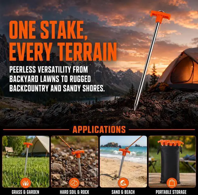 Alt view image 5 of 7 - 8 Pieces Galvanized Steel Heavy Duty Camping Stakes, Tent Stakes, 20cm x 5cm Metal Ground Pegs, Outdoor Garden Tarp Canopy Sand Beach Anchors, Yard Accessories, High Visibility Orange Tops