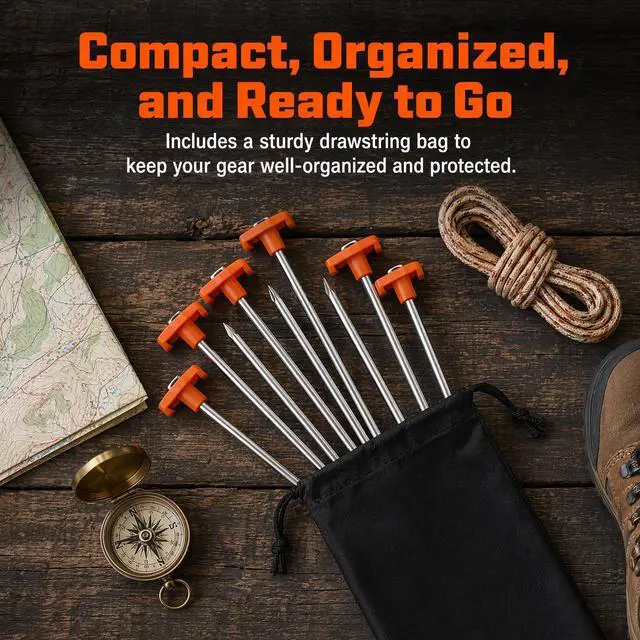 Alt view image 7 of 7 - 8 Pieces Galvanized Steel Heavy Duty Camping Stakes, Tent Stakes, 20cm x 5cm Metal Ground Pegs, Outdoor Garden Tarp Canopy Sand Beach Anchors, Yard Accessories, High Visibility Orange Tops