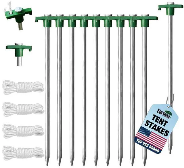 Main image of USA 10-Pack Secure Protection Galvanized Tent Stakes,Rust-Proof Steel Canopy Anchors for High Winds,Heavy Duty Commercial Ground Pegs for Camping,Pop Up Tents&Gazebos - Includes 4x10ft Ropes