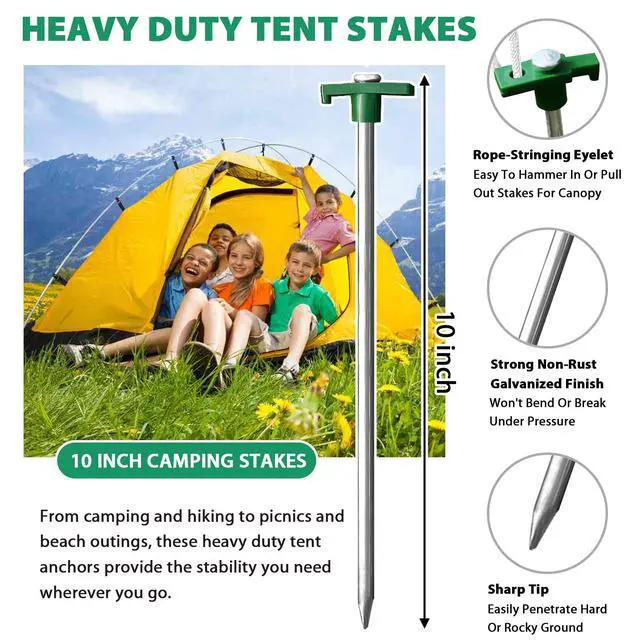 Alt view image 4 of 7 - USA 10-Pack Secure Protection Galvanized Tent Stakes,Rust-Proof Steel Canopy Anchors for High Winds,Heavy Duty Commercial Ground Pegs for Camping,Pop Up Tents&Gazebos - Includes 4x10ft Ropes