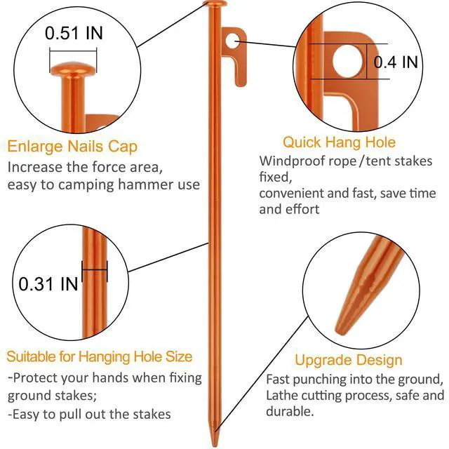 Alt view image 3 of 7 - 8 Pack Tent Stakes Heavy Duty 12 inch Steel Tent Pegs for Camping Unbreakable and Inflexible-Orange