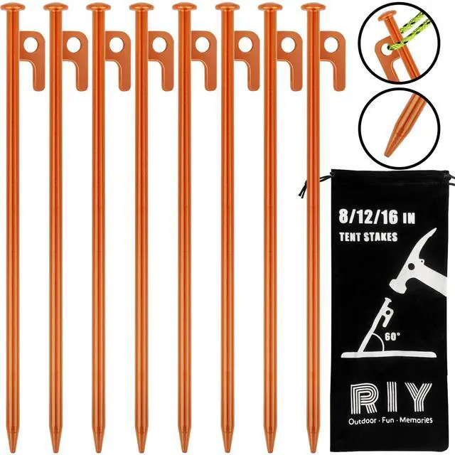 Alt view image 6 of 7 - 8 Pack Tent Stakes Heavy Duty 12 inch Steel Tent Pegs for Camping Unbreakable and Inflexible-Orange