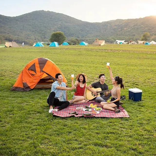 Alt view image 4 of 6 - Waterproof Picnic Blanket with Carry Strap - Foldable Sandproof Outdoor Mat for Camping, Beach, Park - 59" x 71",Red (Single Mat)