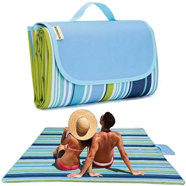 Main image of Picnic Blanket | Beach Mat| Picnic Blankets for Indoor and Outdoor, 80" x 60" Sandproof Waterproof Larger Mats for Travel, Camping, Hiking, Park Grass, Handy Tote, Foldable (Blue Line)