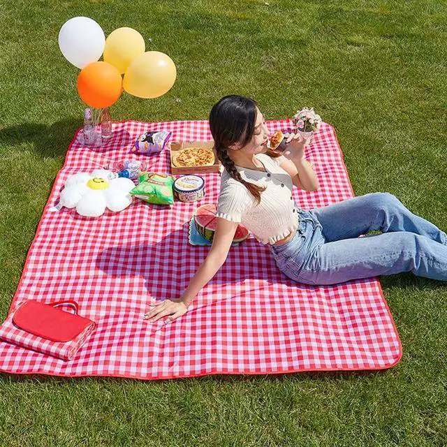 Alt view image 7 of 7 - Large Beach Blanket Outdoor Picnic Blankets, Foldable Waterproof Sand Free beach Mat for Festival BBQ Park Grass Lawn Camping Hiking Travel Concerts,Suitable for 2-4 people (Classic Red Check,80x60in)
