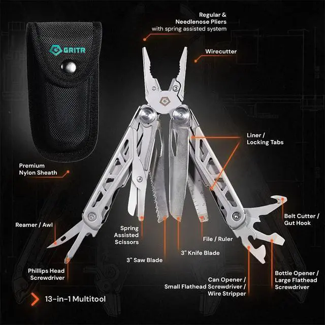 Alt view image 2 of 7 - 13-in-1 Stainless Steel EDC Multitool | Nylon Sheath Incl. - Needle Nose Pliers, Pocket Knife, Scissors, Bottle Opener, Cutters - for Camping, Hiking, Survival