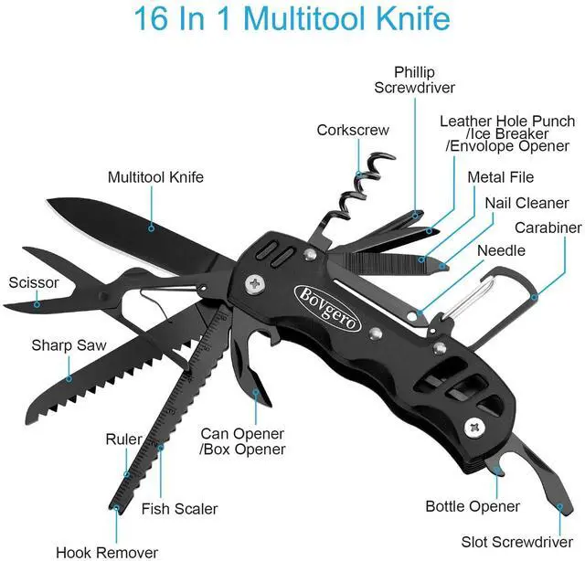Alt view image 3 of 7 - Multitool Knife, 16 in 1 Pocket Knife, Handmade Multi Tool Knife, Birthday Christmas Gift for Men Women Him Her Boyfriend Girlfriend Dad Husband, Black