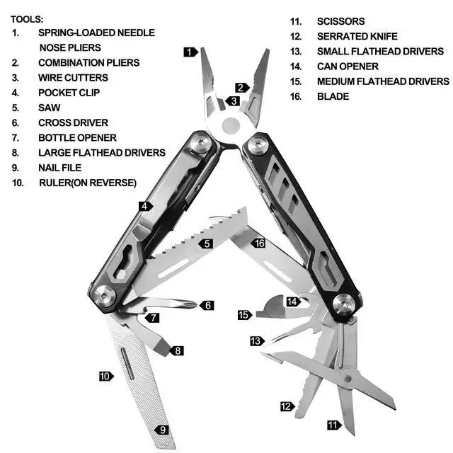 Alt view image 2 of 7 - Gifts for Men, Multitool Needle Nose Pliers, 16-in-1 Stainless Steel Multi Tool Pocket Knife, Cool Gadgets, Survival Knife with EDC Pouch