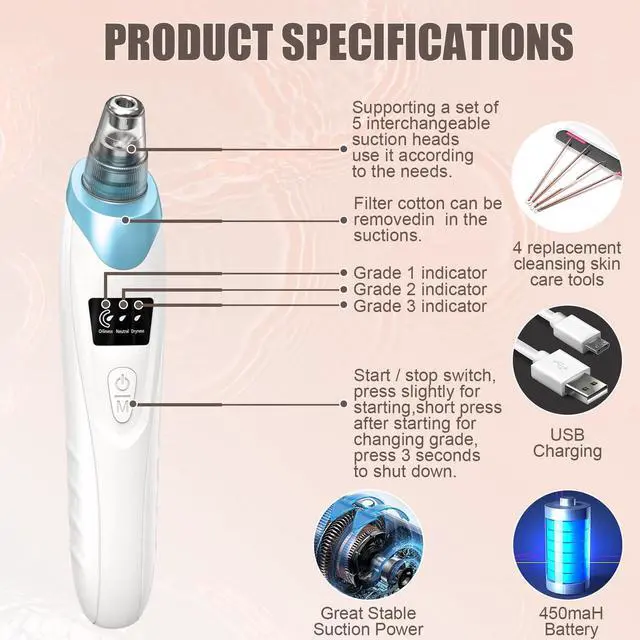Alt view image 4 of 6 - Blackhead Remover Pore Vacuum,Facial Pore Cleaner Blackhead Vacuum (Blue) | 5 Suction Power,5 Probes,USB Rechargeable Pore Vacuum Tool for Adult