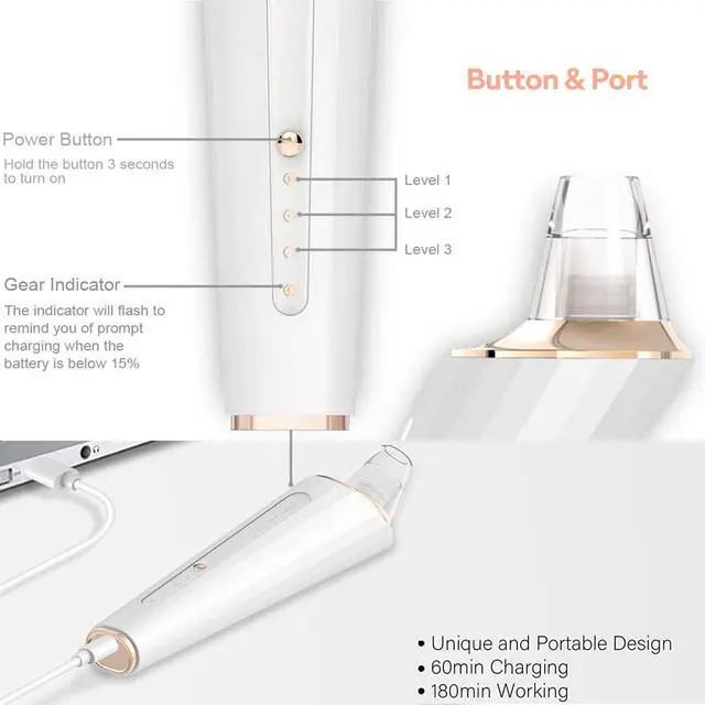 Alt view image 4 of 7 - Blackhead Remover Pore Vacuum, Upgraded USB Rechargeable Facial Pore Cleaner Blackhead Removal Kit with 3 Suction Power,5 Probes Black Head Extractions Tool for Women & Men (Snowy)