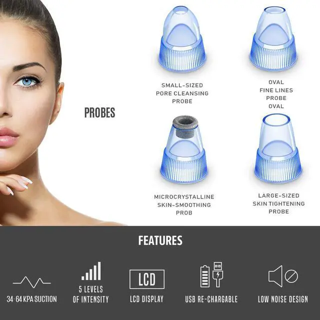 Alt view image 3 of 7 - Blackhead Remover Pore Vacuum for face, dermasuction for Whitehead Removal, Acne Pimple Sucker, face Vacuum Pore Cleanser, Comedone Extractor, 5 Adjustable Suction Power with 4 Probes
