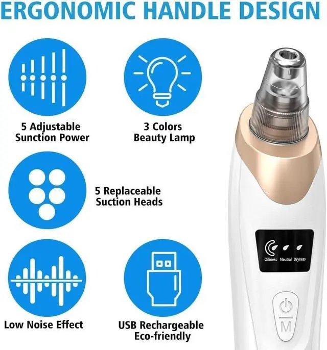 Alt view image 3 of 7 - Blackhead Remover Vacuum - Professional Blackhead Extractor for Face with 3 Adjustable Suction Levels, USB Rechargeable Pore Cleaner, and 5 Interchangeable Probes (Off-White)