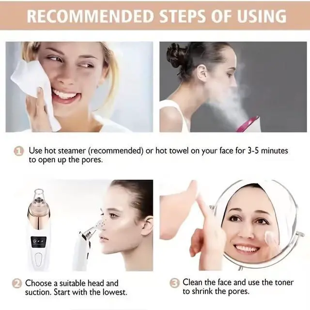 Alt view image 5 of 7 - Blackhead Remover Pore Vacuum, Professional Blackhead Extractor for Face with 3 Adjustable Suction Levels, USB Rechargeable Pore Cleaner, and 5 Interchangeable Probes, Birthday Holiday Gift