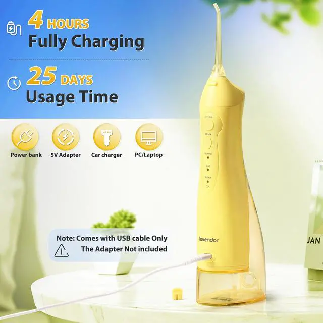 Alt view image 4 of 7 - Electric Water Dental Flosser Teeth Pick, Cordless Oral Irrigator | 3 Modes 5 Tips, IPX7 Waterproof 300ML Rechargeable Travel Water Teeth Cleaner for Home Braces Care Gums Deep Cleaning Yellow