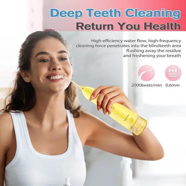 Alt view image 3 of 7 - Electric Water Dental Flosser Teeth Pick, Cordless Oral Irrigator | 3 Modes 5 Tips, IPX7 Waterproof 300ML Rechargeable Travel Water Teeth Cleaner for Home Braces Care Gums Deep Cleaning Yellow