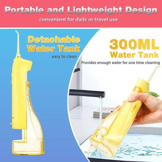 Alt view image 6 of 7 - Electric Water Dental Flosser Teeth Pick, Cordless Oral Irrigator | 3 Modes 5 Tips, IPX7 Waterproof 300ML Rechargeable Travel Water Teeth Cleaner for Home Braces Care Gums Deep Cleaning Yellow