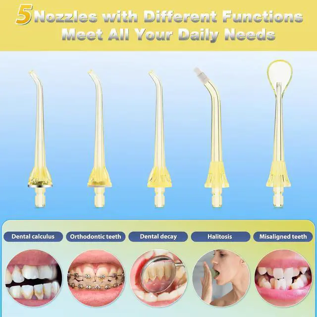 Alt view image 7 of 7 - Electric Water Dental Flosser Teeth Pick, Cordless Oral Irrigator | 3 Modes 5 Tips, IPX7 Waterproof 300ML Rechargeable Travel Water Teeth Cleaner for Home Braces Care Gums Deep Cleaning Yellow