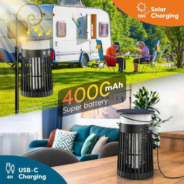 Alt view image 4 of 7 - Solar Bug Zapper w/ Flame Light & RGB Light, 4200V Mosquito Zapper Lantern | IPX5 Waterproof, Auto/Off, Solar Powered & USB C Charging, Hang up